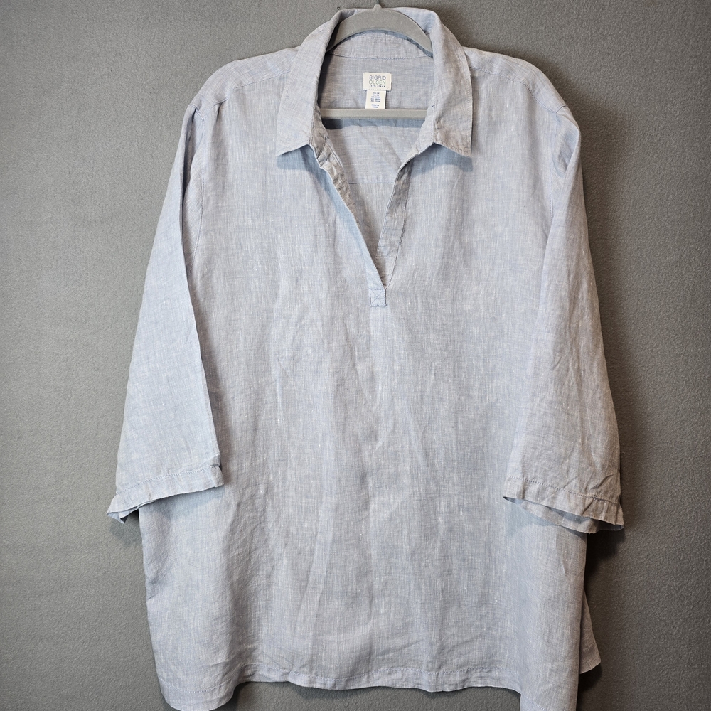 Sigrid Olsen Sky Blue Linen Tunic Top Button Accents 2X Plus Size